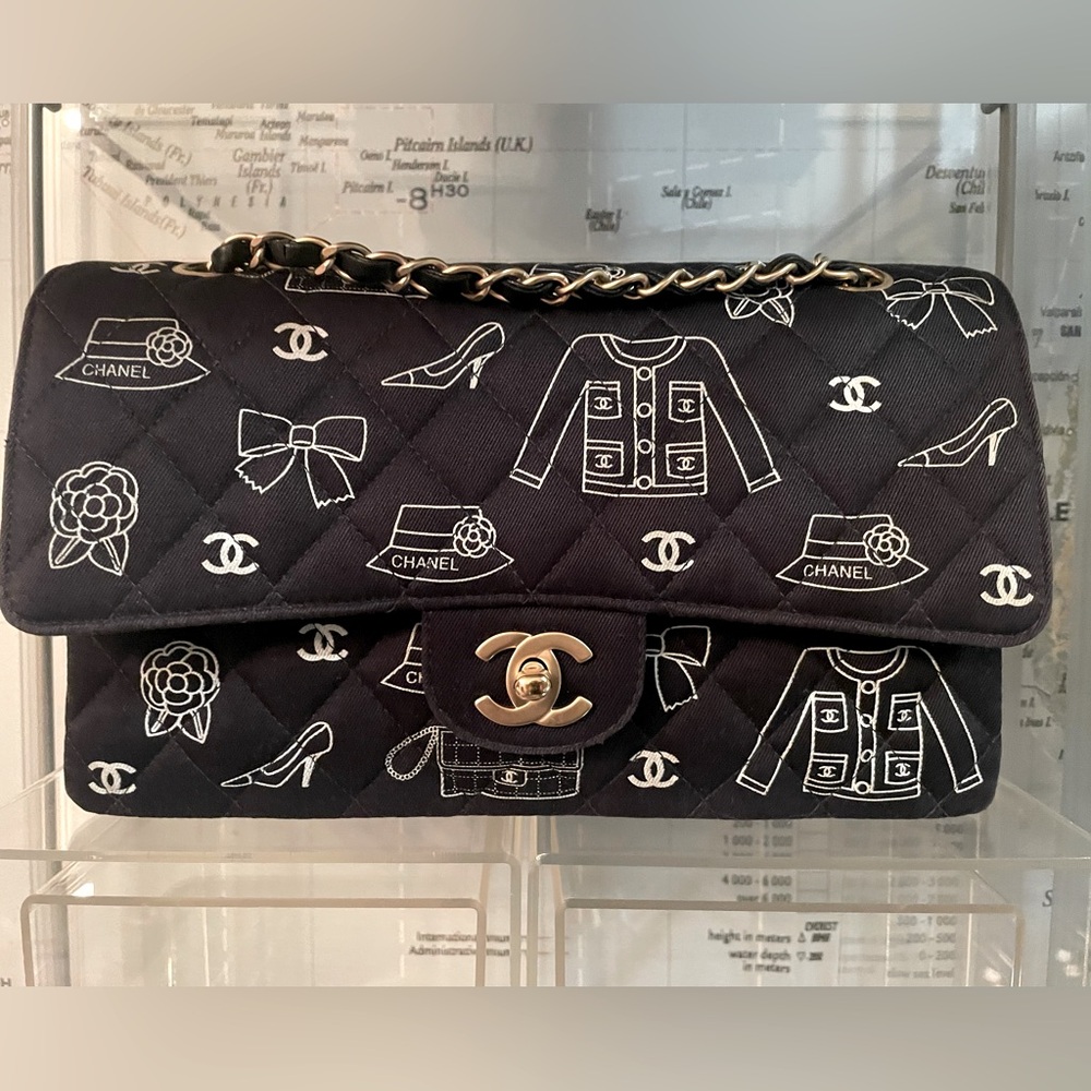 RARE Chanel Vintage Canvas Icon Print Medium Double Flap